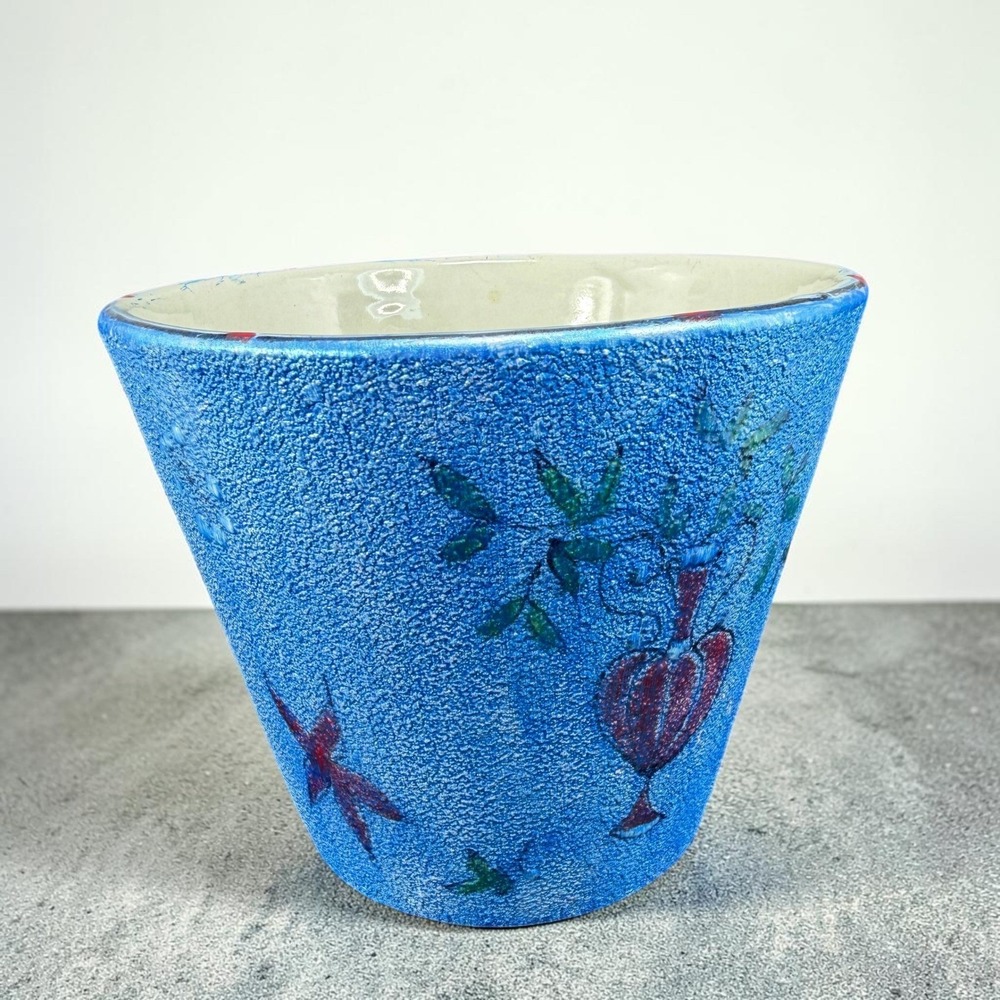 Vintage Italian Art Pottery Planter Blue Textured Lava Glaze Hand Painted Italy